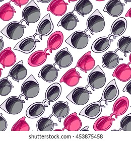 Seamless background of cute gray and pink vintage sunglasses. hand-drawn illustration