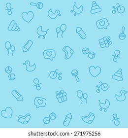 Seamless Background With Cute Hand Drawn Baby Items: Toys And Various Related Objects, In Blue Boy Color.