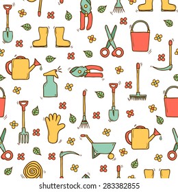 Seamless background with cute hand drawn garden tools objects: watering can, gloves, cutter, pitchfork, shovel, boots, rake, secateurs, pushcart, bucket, hose, sprayer for your design