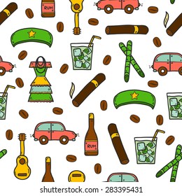 Seamless background with cute hand drawn colorful objects on Cuba theme with rum, coctail Cuba Libre, old car, sugar cane, coffee, guitar, cigar, national woman's dress and famous hat of Che for your