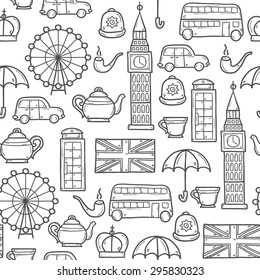 Seamless background with cute hand drawn cartoon objects on London theme: queen crown, red bus, big ben, umbrella, london eye, telephone box. Travel concept for site, card, map