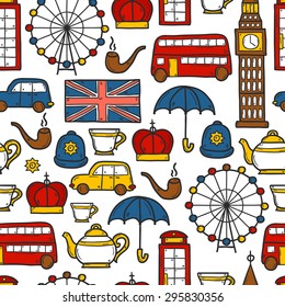 Seamless background with cute hand drawn cartoon objects on London theme: queen crown, red bus, big ben, umbrella, london eye, telephone box. Travel concept for site, card, map