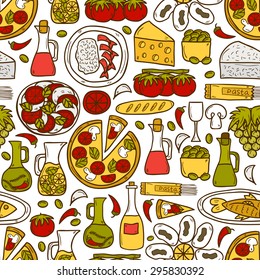 Seamless background with cute hand drawn cartoon objects on mediterranean cuisine theme: tomato, pasta, wine, cheese, olive, Ethnic food travel concept. Great for restaurant menu, card, site