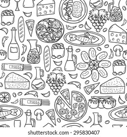 Seamless background with cute hand drawn cartoon objects on mediterranean cuisine theme: tomato, pasta, wine, cheese, olive, Ethnic food travel concept. Great for restaurant menu, card, site