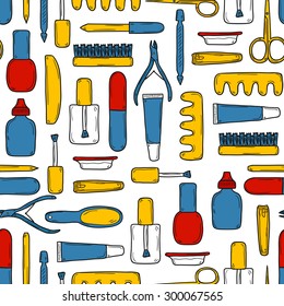 Seamless background with cute hand drawn objects on manicure pedicure theme: clippers, polish, file, nipper, creams. Beauty concept for your design