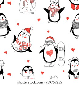 Seamless background with cute hand drawn penguins - Merry Christmas greetings