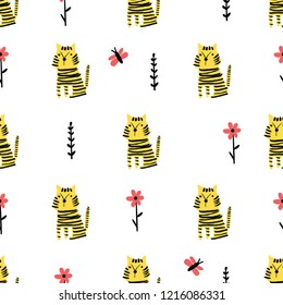 Seamless background with cute hand-drawn tigers, flowers and leaves in doodle style. Children vector pattern.