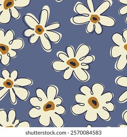 Seamless background with cute handmade floral pattern. Simple minimalistic dark background, large light flowers in boho style. Modern floral pattern for textile, clothing, fabric, cover, banner