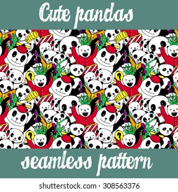 Seamless background of cute, happy pandas, bamboo, gift boxes. Vector illustration.