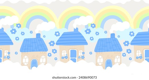 Seamless background with cute houses village seamless border houses and rainbow clouds baby background for wrapping paper, notebook, scrapbook
