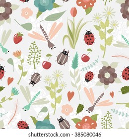 Seamless background with cute insects, branches, flowers, leaves, strawberries for your design