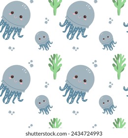 Seamless background with cute jellyfish. the underwater world. fabric sample, wrapping paper. vector