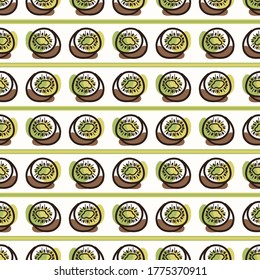 Seamless background cute kiwi slice stripe. Gender neutral kid food pattern. Simple whimsical minimal earthy 2 tone color. Baby nursery wallpaper or boho decorative gardening decor all over print. 
