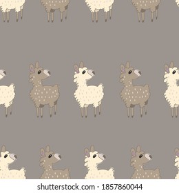 Seamless background with cute lama. Decorative cute wallpaper for the nursery in the Scandinavian style. Suitable for children's clothing, interior design, packaging, printing. 