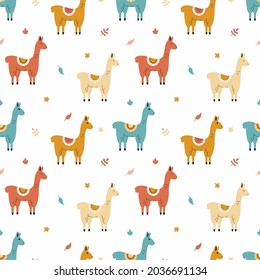 Seamless background with cute lama for sewing children clothes. Printing on fabric and packaging paper. Wallpaper for children room.