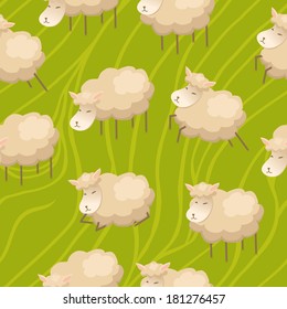 Seamless background with cute lambs on the green field