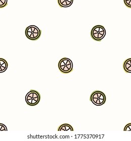Seamless background cute lemon and lime slice. Gender neutral kid food pattern. Simple whimsical minimal earthy 2 tone color. Baby nursery wallpaper or boho decorative gardening decor all over print. 