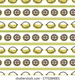 Seamless background cute lemon stripe. Gender neutral kid food pattern. Simple whimsical minimal earthy 2 tone color. Baby nursery wallpaper or boho decorative gardening decor all over print. 