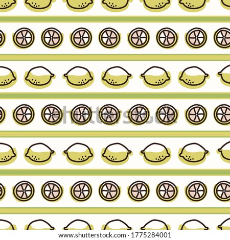 Seamless background cute lemon stripe. Gender neutral kid food pattern. Simple whimsical minimal earthy 2 tone color. Baby nursery wallpaper or boho decorative gardening decor all over print. 