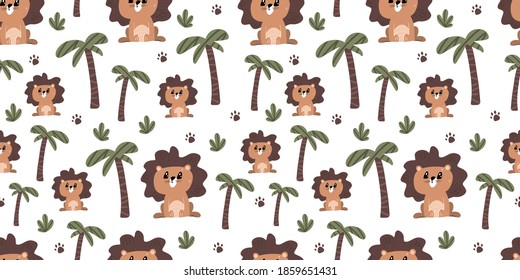 Seamless background with cute lion among the palms. Decorative cute wallpaper for the nursery in the Scandinavian style. Suitable for children's clothing, interior design, packaging, printing.