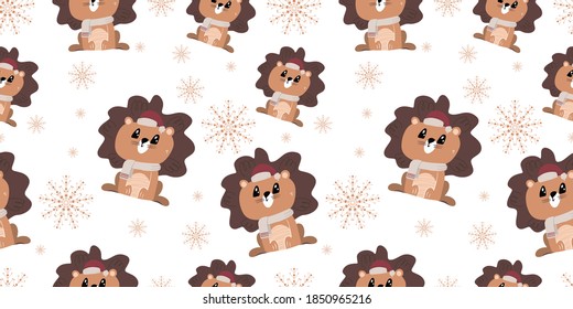 Seamless background with cute lion in christmas hat. Decorative cute wallpaper for the nursery in the Scandinavian style. Suitable for children's clothing, interior design, packaging, printing.