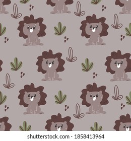 Seamless background with cute lion. Decorative wallpaper for the nursery in the Scandinavian style. Vector. Suitable for children's clothing, interior design, packaging, printing.