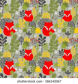 Seamless background with cute little fox in the forest. Vector floral pattern in retro style.