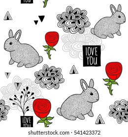 Seamless background with cute little rabbit and red roses. Vector illustration in romantic style.