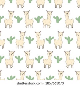 Seamless background with cute llama with cactus. Decorative cute wallpaper for the nursery in the Scandinavian style. Suitable for children's clothing, interior design, packaging, printing.