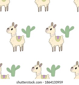 Seamless background with cute llama with cactus. Decorative cute wallpaper for the nursery in the Scandinavian style. Suitable for children's clothing, interior design, packaging, printing.