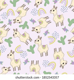 Seamless background with cute Llama. Decorative cute wallpaper for the nursery in the Scandinavian style. Suitable for children's clothing, interior design, packaging, printing.