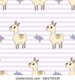 Seamless background with cute llama with flowers. Decorative cute wallpaper for the nursery in the Scandinavian style. Suitable for children's clothing, interior design, packaging, printing.