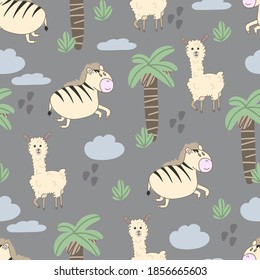 Seamless background with cute llama and zebra among palm trees. Decorative cute wallpaper for the nursery in the Scandinavian style. Suitable for children's clothing, interior design, packaging, print