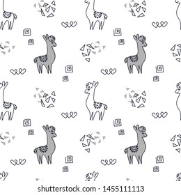 Seamless background. Cute llamas or alpacas on a white background. Vector doodle illustration for fabric, textile, Wallpaper