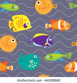 Seamless background with a cute marine fish on the waves