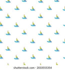 Seamless background with cute minimalistic ships in gentle pastel colors. Blue and green small sailing boats in cartoon childish style. Vector illustration for textile newborns, postcards.
