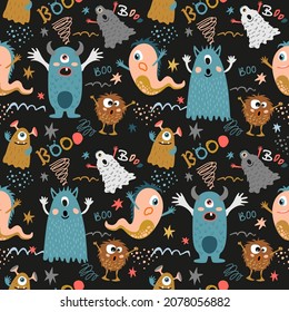 Seamless background with cute monsters. Seamless pattern with cute funny monsters. Kids background for posters, textile, wallpapers, baby texture for fabric, packaging, textiles, clothing. Vector