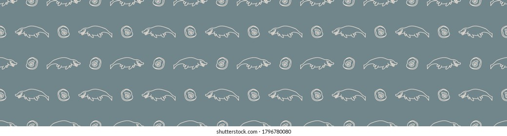 Seamless background cute mosasaur dinosaur with bubble gender neutral baby border pattern. Simple whimsical minimal earthy 2 tone color. Kids nursery decor edging fashion ribbon trim.