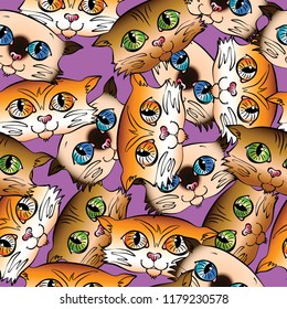 Seamless background of cute muzzle cats with green, blue and yellow eyes on a lilac background.