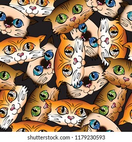 Seamless background of cute muzzle cats with green, blue and yellow eyes on a brown background.