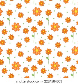 Seamless background with cute orange flowers. Spring daisies, delicate decoration for packaging. Vector illustration in minimalistic flat style, hand-drawn. Print for textiles