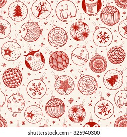 Seamless background with cute ornated christmas balls and snowflakes. Can be used for wallpaper, pattern fills, textile, web page background, surface textures