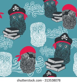 Seamless background with cute owls. Vector illustration of pirates.
