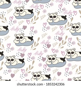 Un fondo incomparable con un lindo panda en una nube. Papel pintado adorable decorativo para el vivero al estilo escandinavo. Adecuado para prendas de vestir para niños, diseño interior, embalaje, impresión.