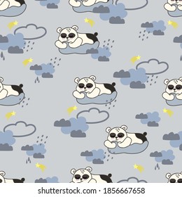 Seamless background with cute panda on a cloud. Decorative cute wallpaper for the nursery in the Scandinavian style. Suitable for children's clothing, interior design, packaging, printing.