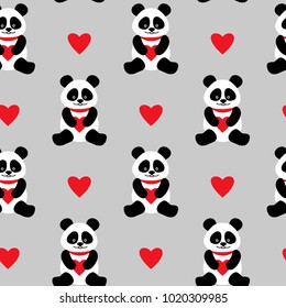 Seamless background with cute pandas and hearts. seamless panda bears