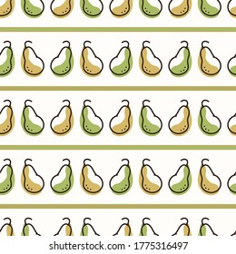 Seamless background cute pear stripe. Gender neutral kid food pattern. Simple whimsical minimal earthy 2 tone color. Baby nursery wallpaper or boho decorative gardening decor all over print. 