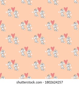 Seamless background with cute pets. A pair of white dogs in love with protruding tongue and hearts - a boy and a girl on a pink background. Vector illustration. For design, packaging and decoration