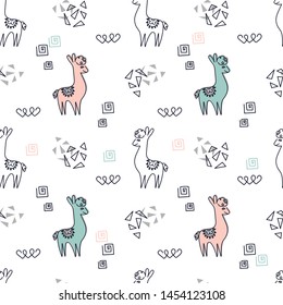 Seamless background. Cute pink and blue llamas or alpacas on a white background. Vector illustration for fabric, textile, Wallpaper