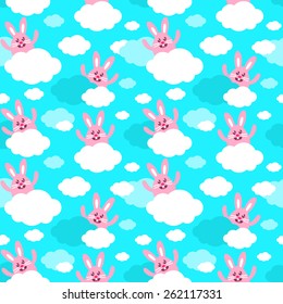 Seamless background with cute pink bunnies on the clouds